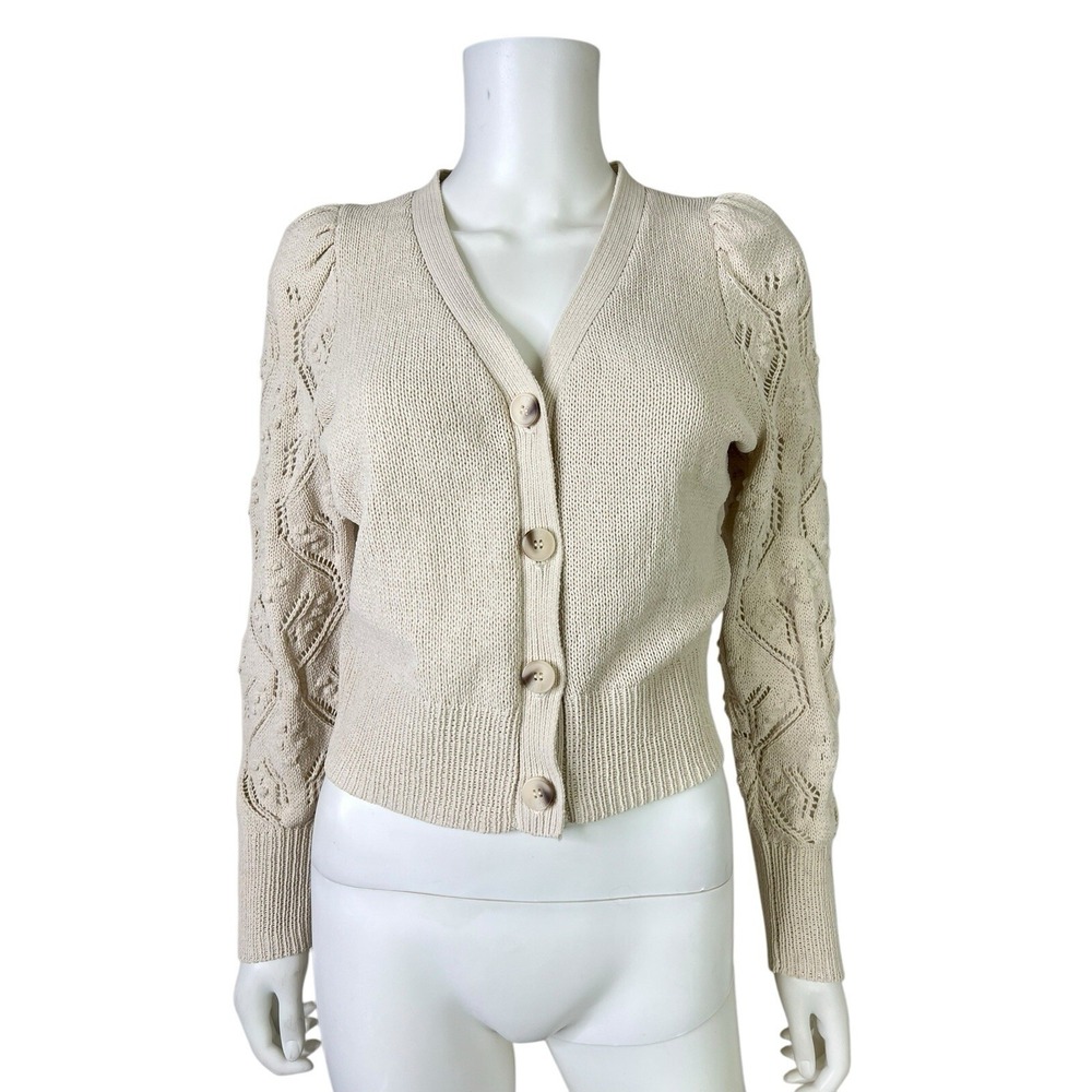 Jessica Simpson Women's Sweater Cardigan Button Crochet Crop Cream Size S NWT
